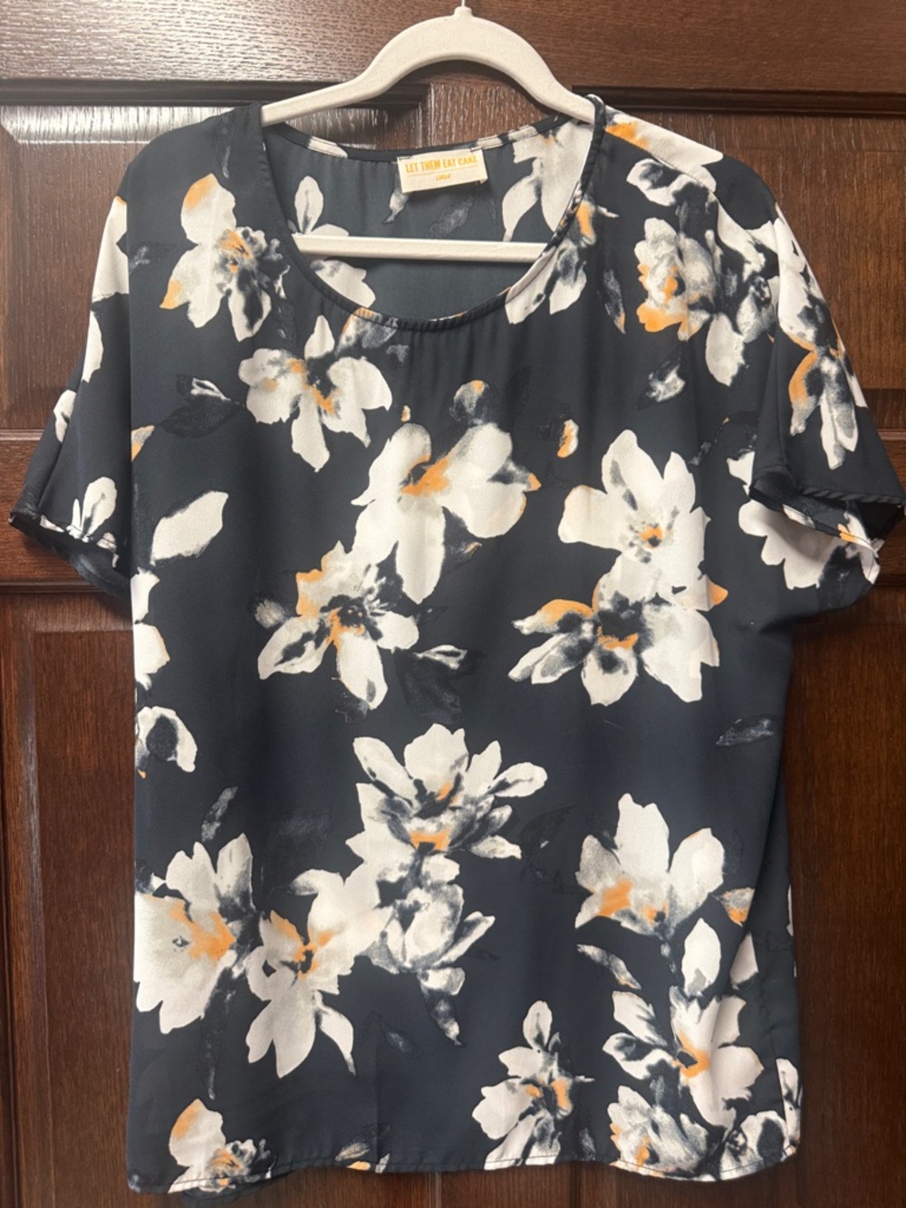 Floral Short-Sleeve Blouse - Navy/White with Yellow Accents